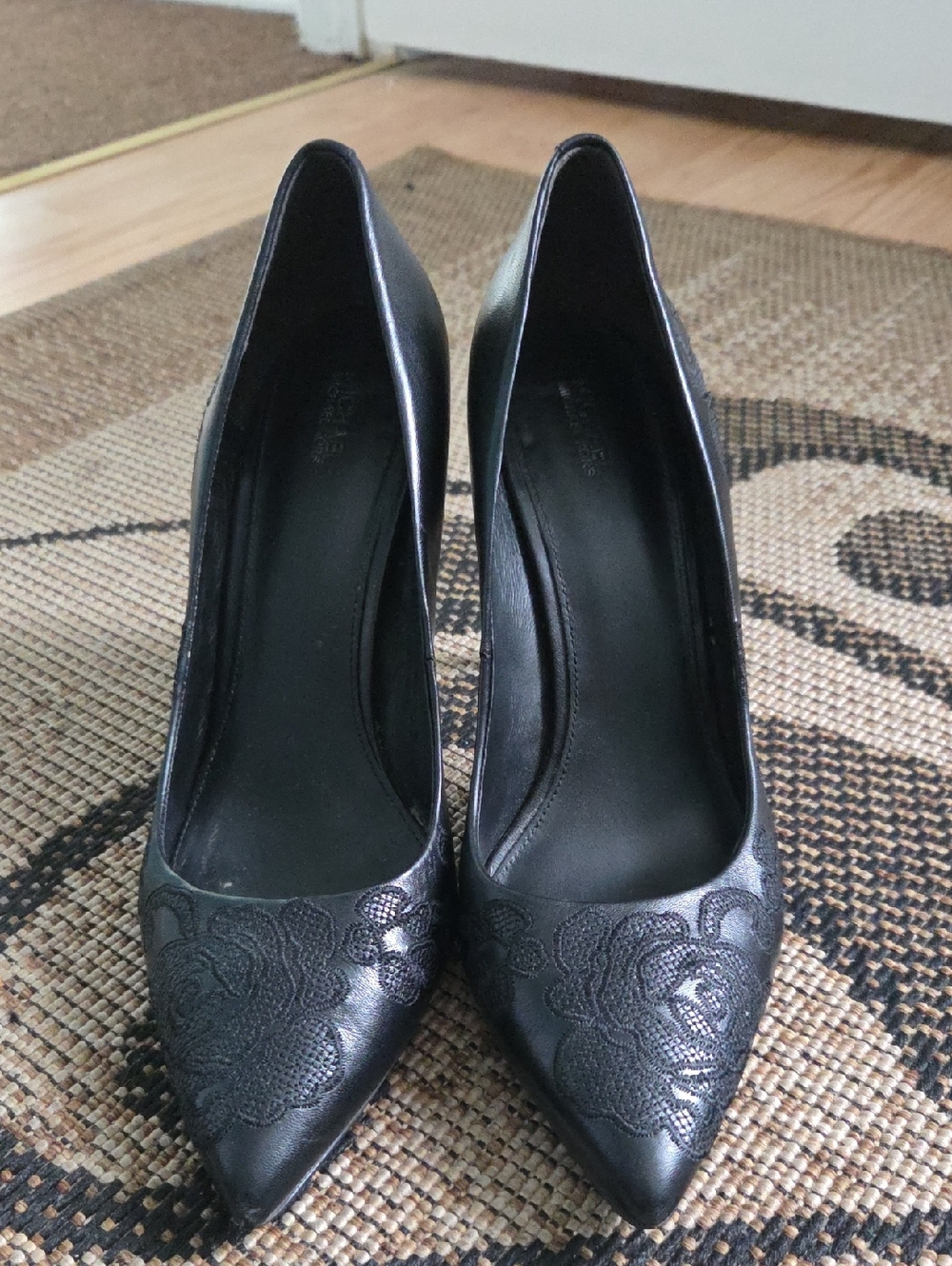 Michael Kors Black Pointed Toe Pumps with Subtle Floral Detail